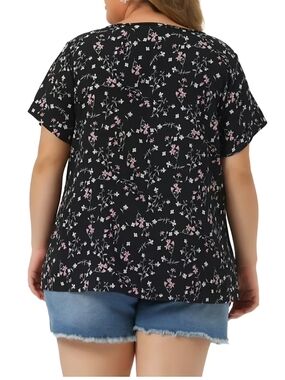 Aodemo 3XL Floral Button Front Blouse Short Sleeve Black Pink Yellow White Plus